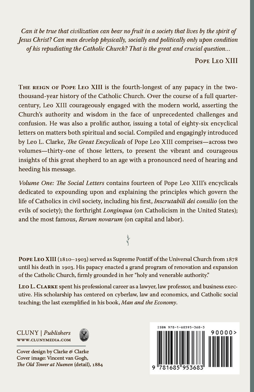 Book back cover with Pope Leo XIII summary, Cluny Publishers, and barcode