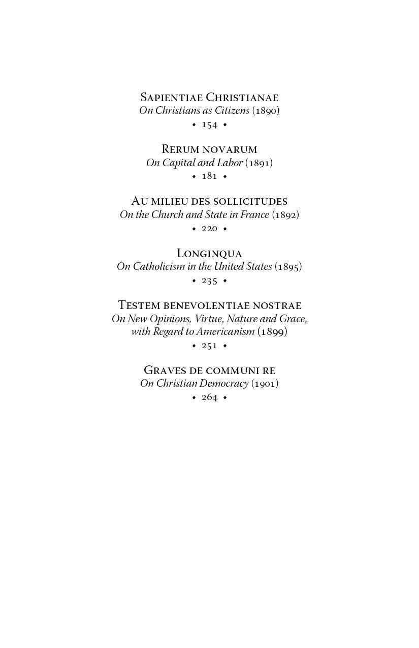 Book contents page with encyclical titles and page numbers