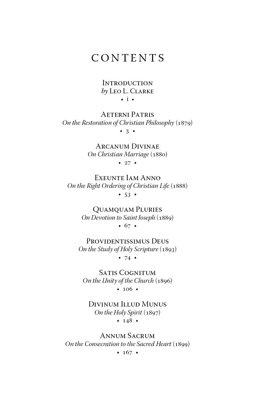 Contents page with chapter list, including Aeterni Patris and Arcani Divina