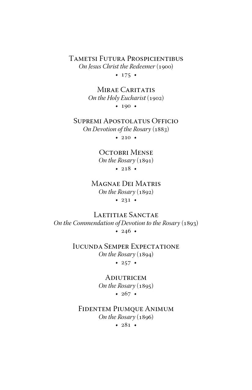 Contents page continuation listing letters such as Miræ Caritatis and Octobri Mense