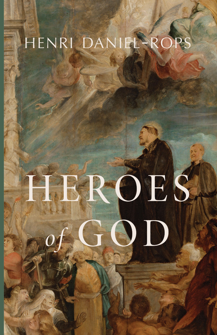 Book cover with artwork and large title 'Heroes of God' and author Henri Daniel-Rops