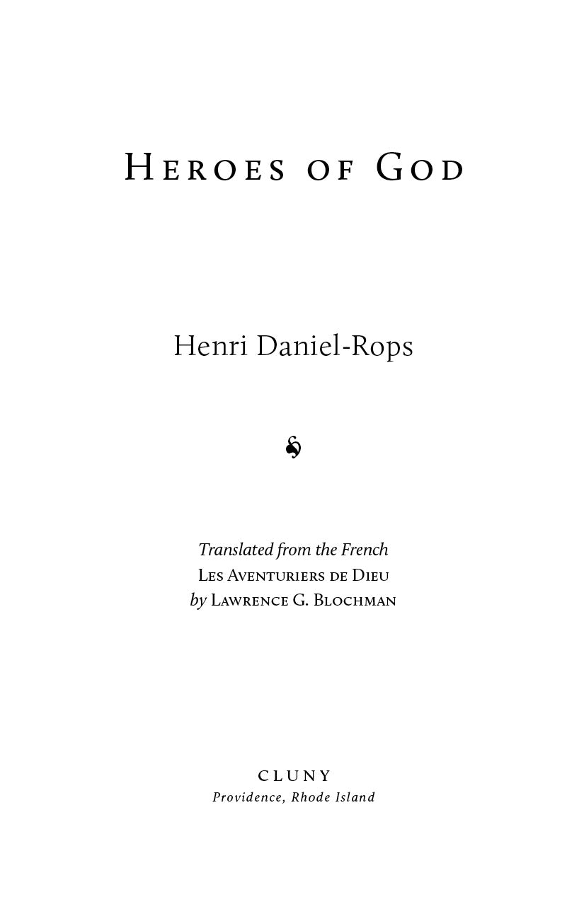 Book title page with 'Heroes of God', author Henri Daniel-Rops, and publisher Cluny