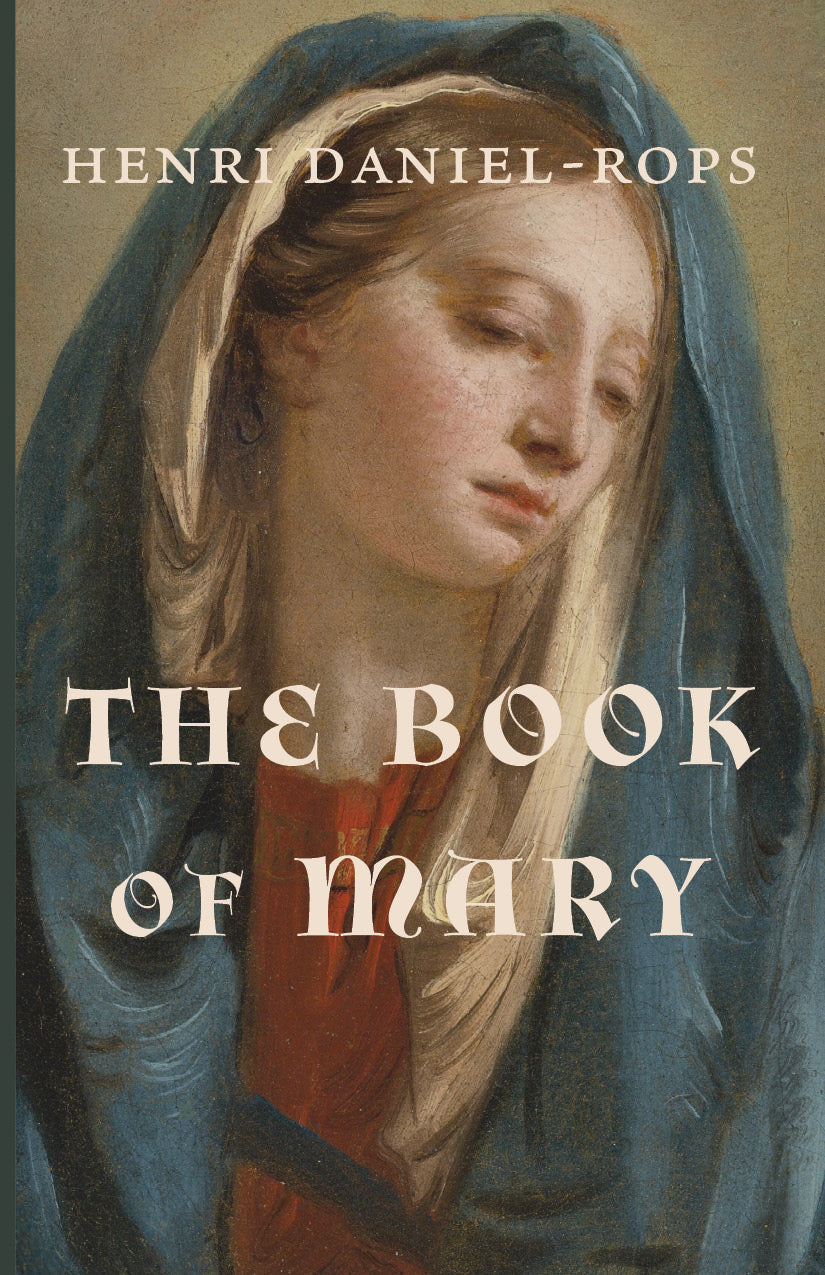 Religious book cover with Mary in blue veil and gold title lettering
