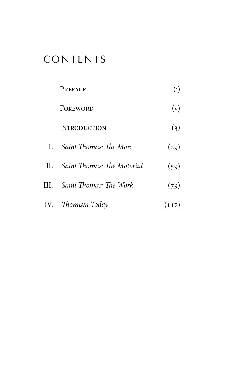 Saint Thomas Aquinas contents page listing chapters and section page numbers