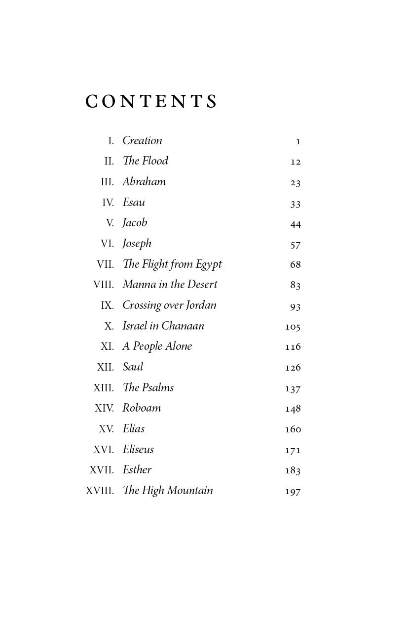 Book table of contents page listing chapters such as Creation and The Flood