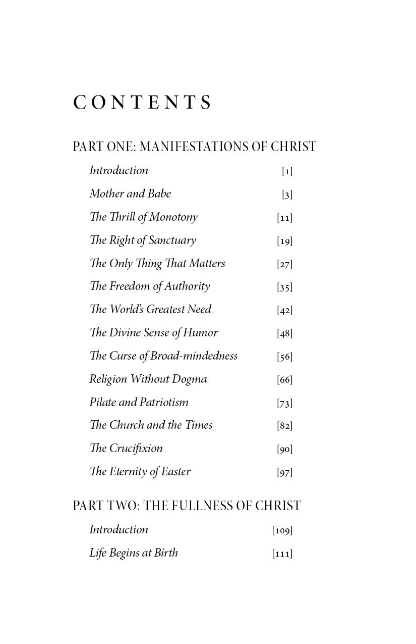 The Christ book contents page with section list and page numbers