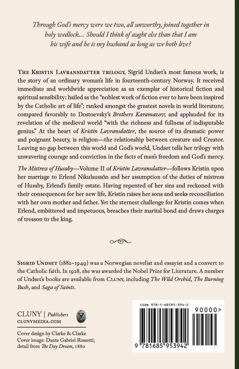 Kristin Lavransdatter Volume II back cover with synopsis, publisher marks, and barcode