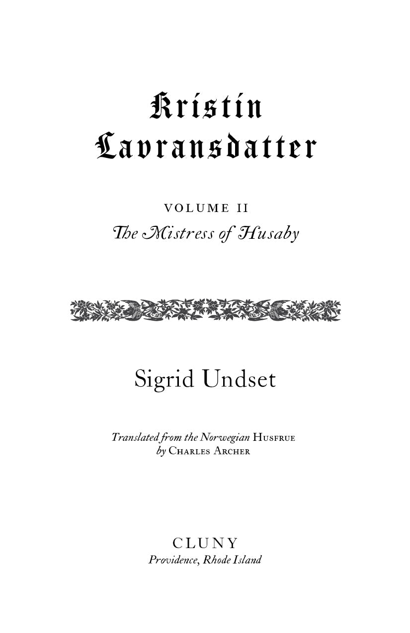 Kristin Lavransdatter Volume II title page with floral ornament and author name