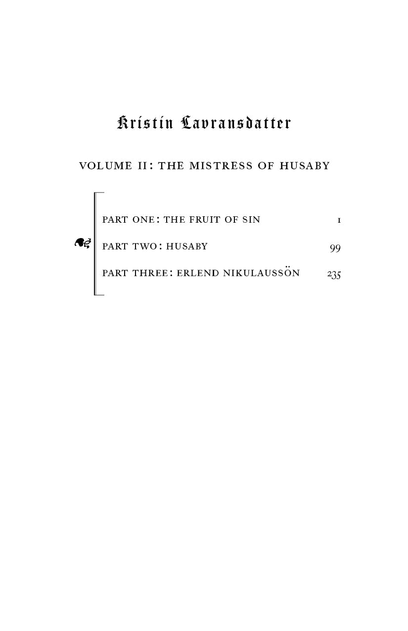 Kristin Lavransdatter Volume II contents page with parts list and page numbers