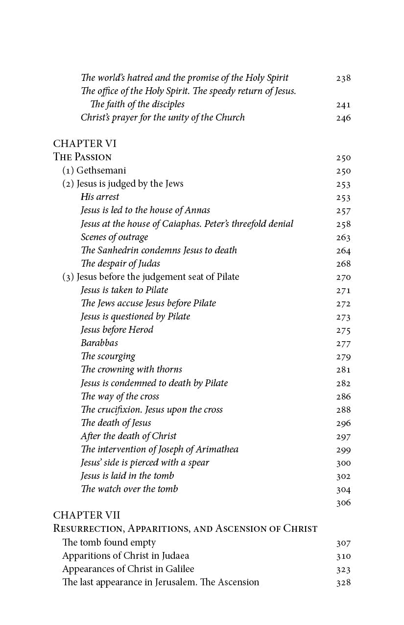 Religious book contents page with chapter VI headings for Passion, Crucifixion, and Burial