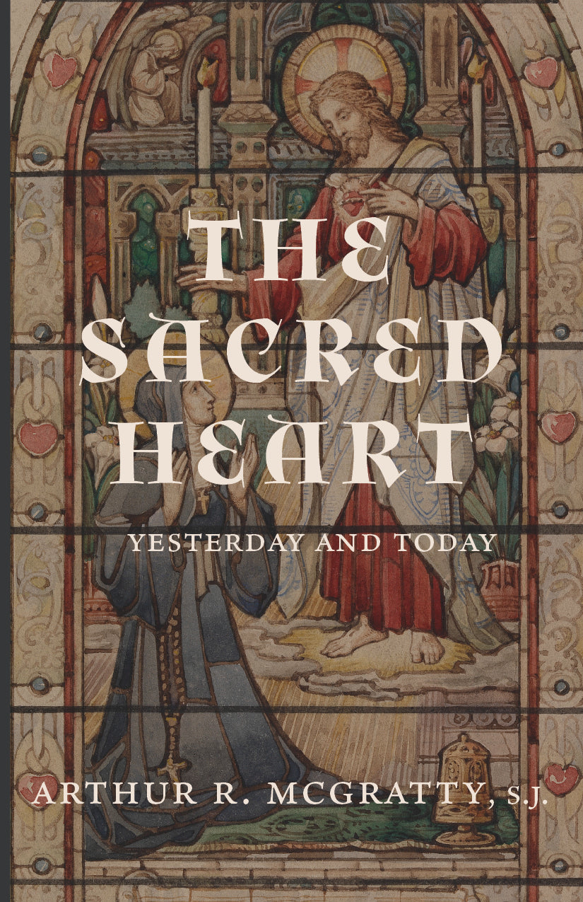 Sacred Heart book cover with ornate border and illustrated holy figure