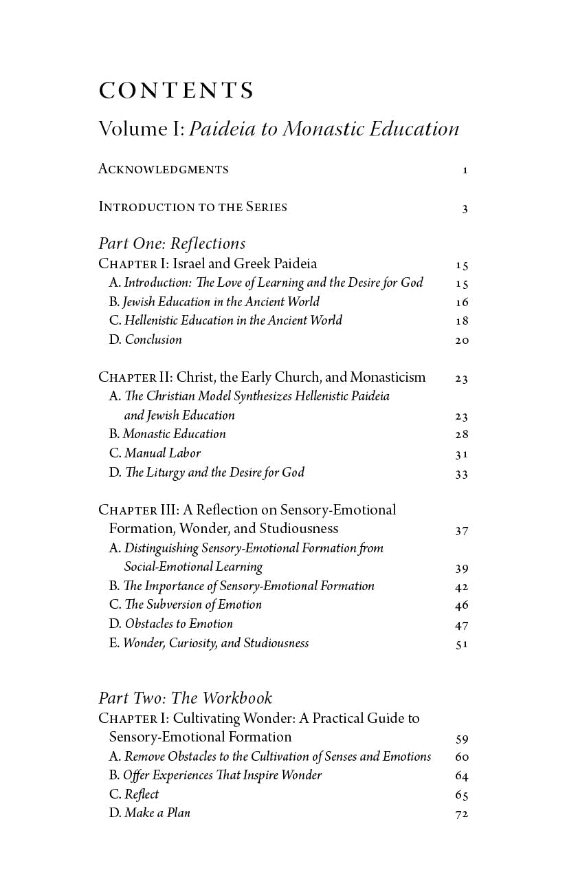 Book contents page listing Volume I sections, acknowledgments, and chapters