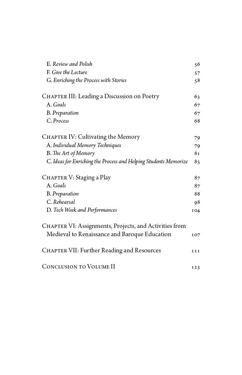 Book contents page continuation with section headings and page numbers