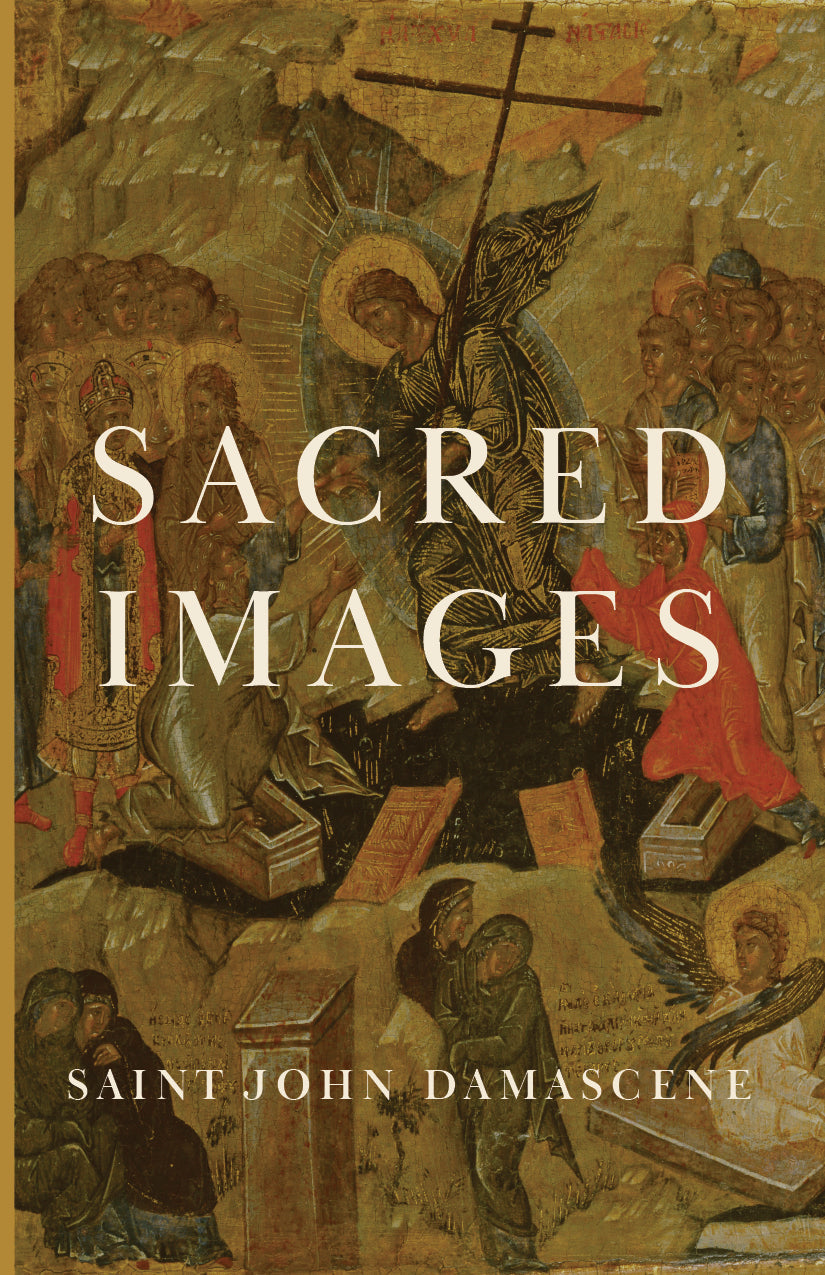 Sacred Images book cover with religious icon artwork, title and Saint John Damascene text