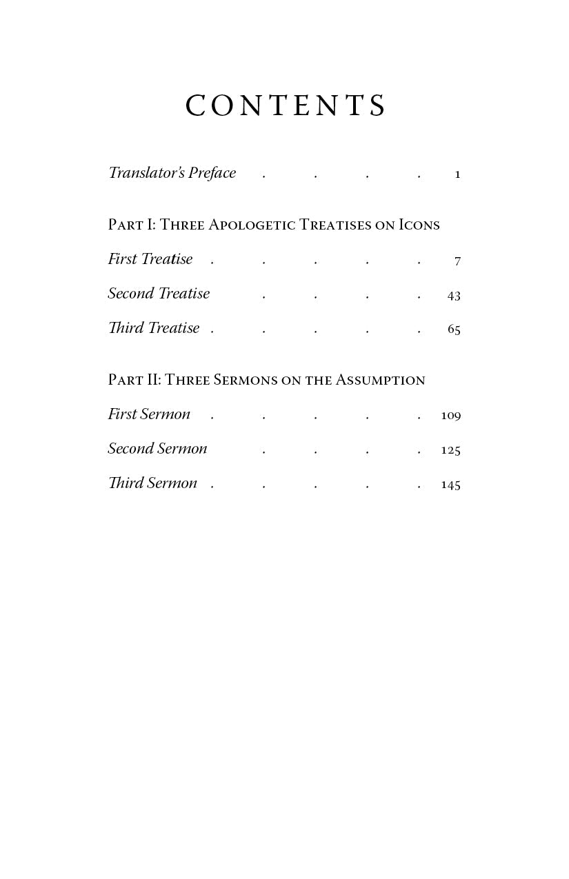 Sacred Images contents page listing three apologetic treatises and sermons with page numbers