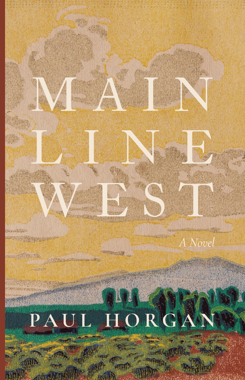 Novel book cover with landscape illustration and MAIN LINE WEST title