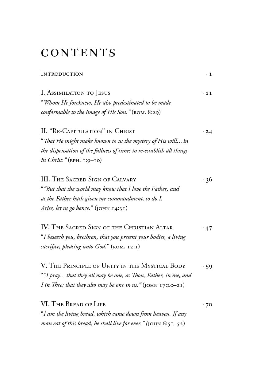 Book contents page with section headings and page numbers