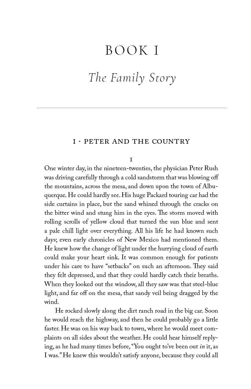 Novel book page titled Book 1: The Family Story with paragraphs of text
