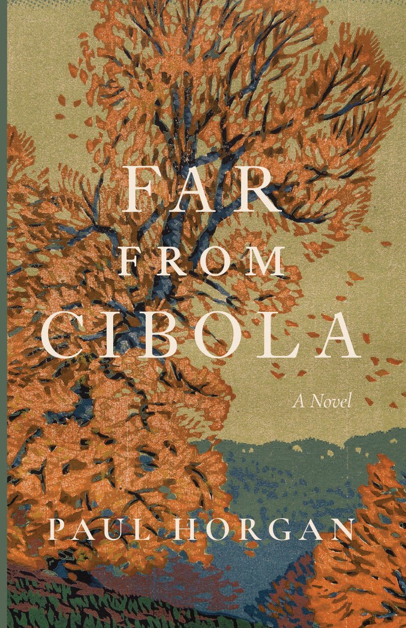 Novel book cover with orange leafless trees and large lettering, Paul Horgan