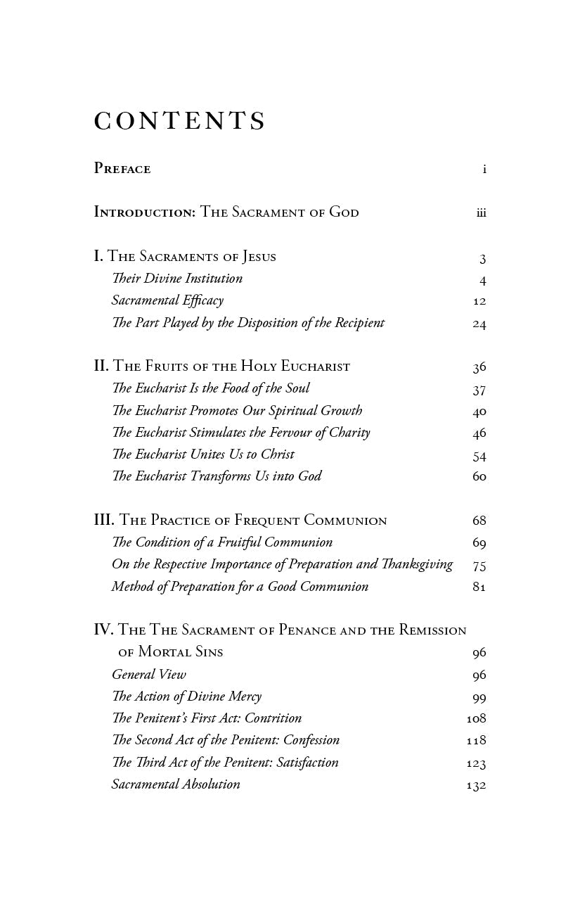 Table of contents page with headings for The Eucharist and the Confessional.