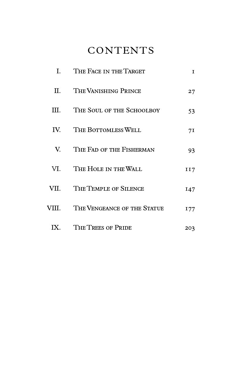 Table of contents page listing chapter titles I–IX and page numbers