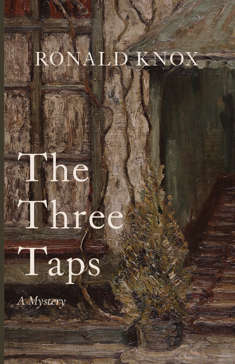 Book cover for The Three Taps by Ronald Knox with mystery artwork background