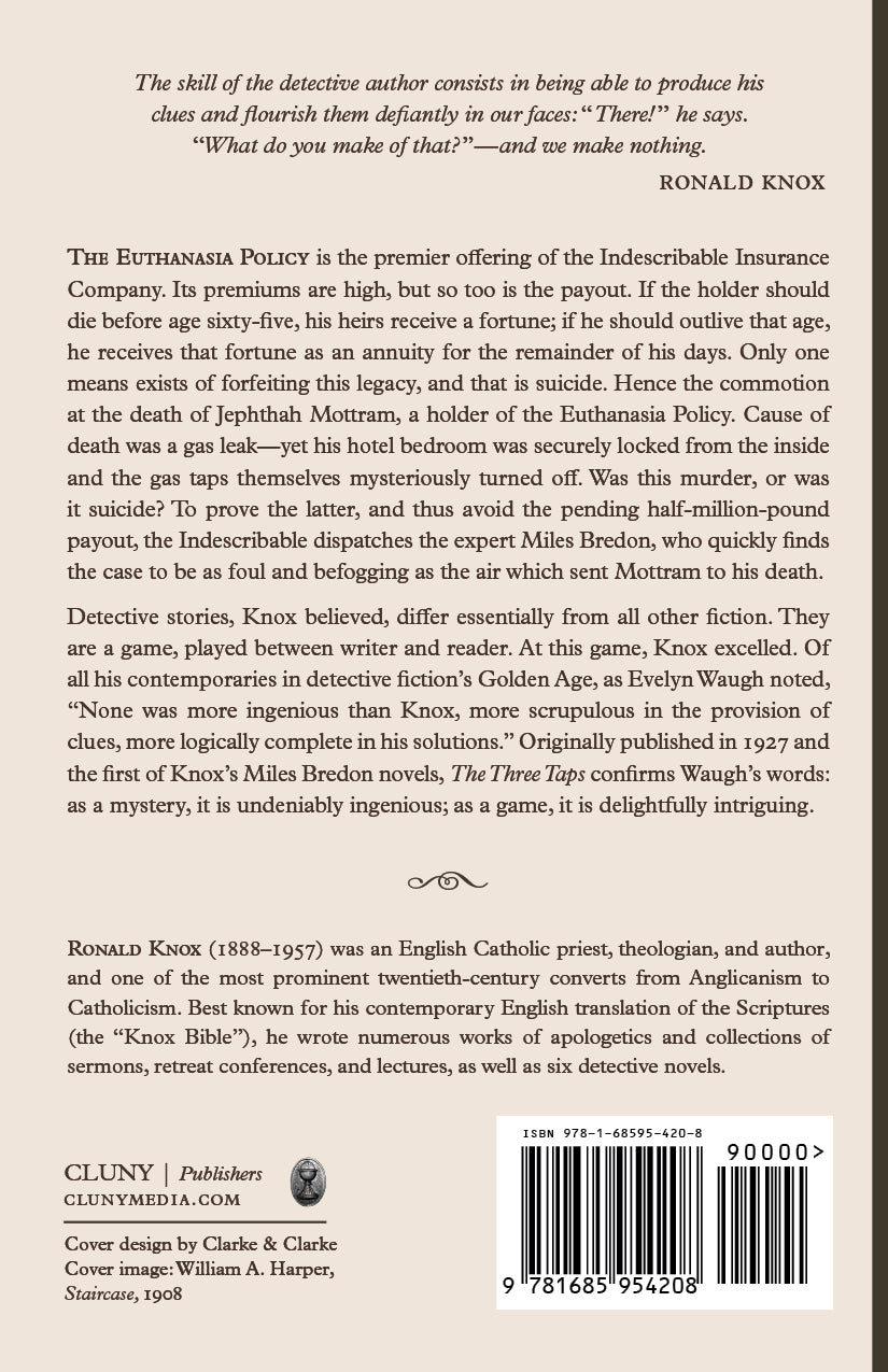 Book back cover with author Ronald Knox text and barcode