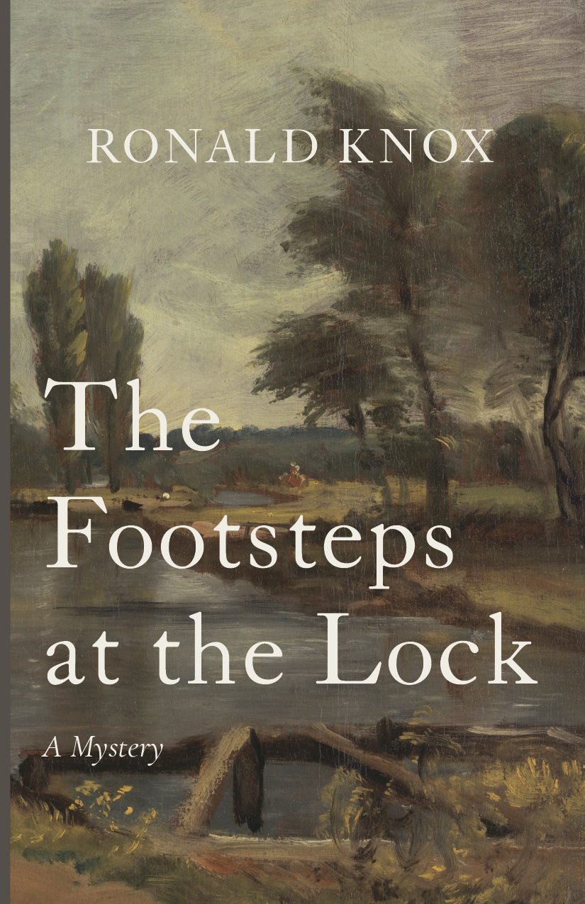 Book cover with painted landscape and large title "The Footsteps at the Lock"