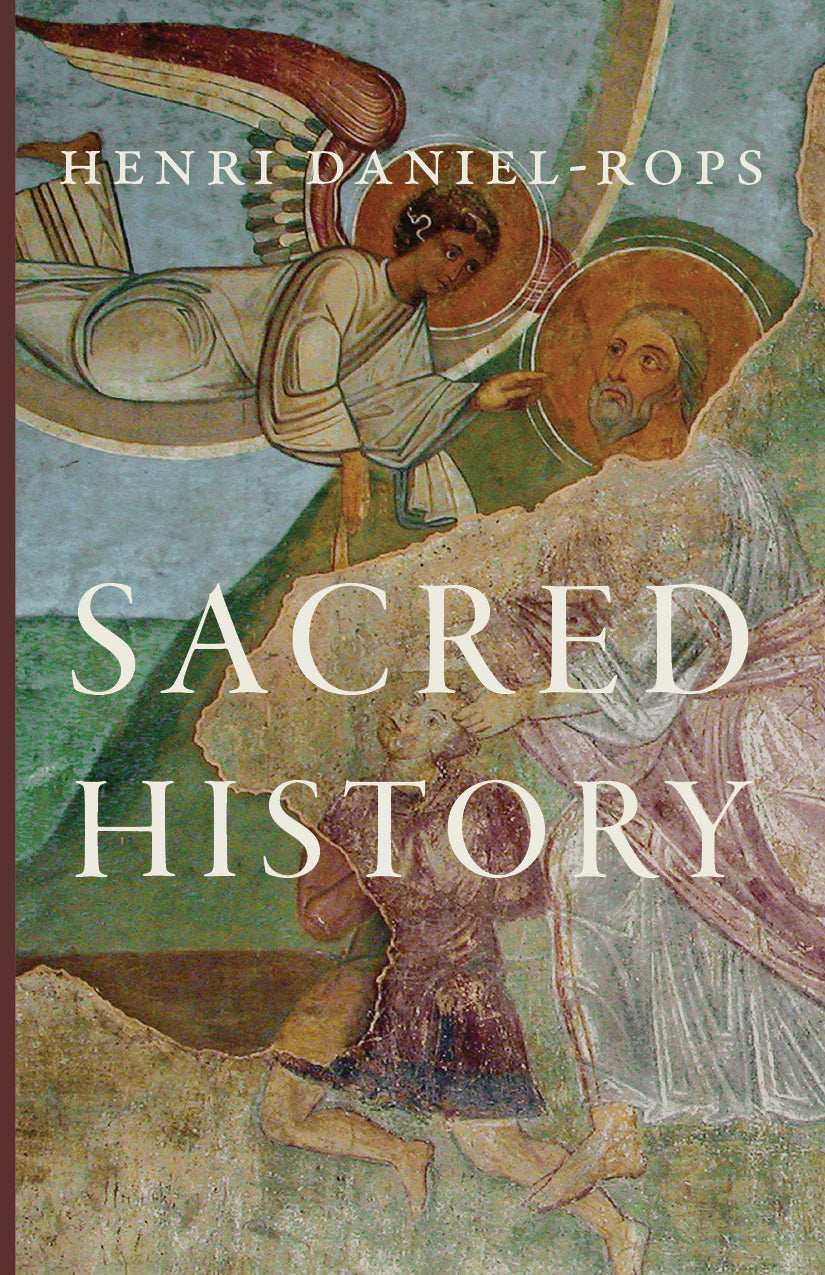 Sacred History book cover with illustrated figures and large title text