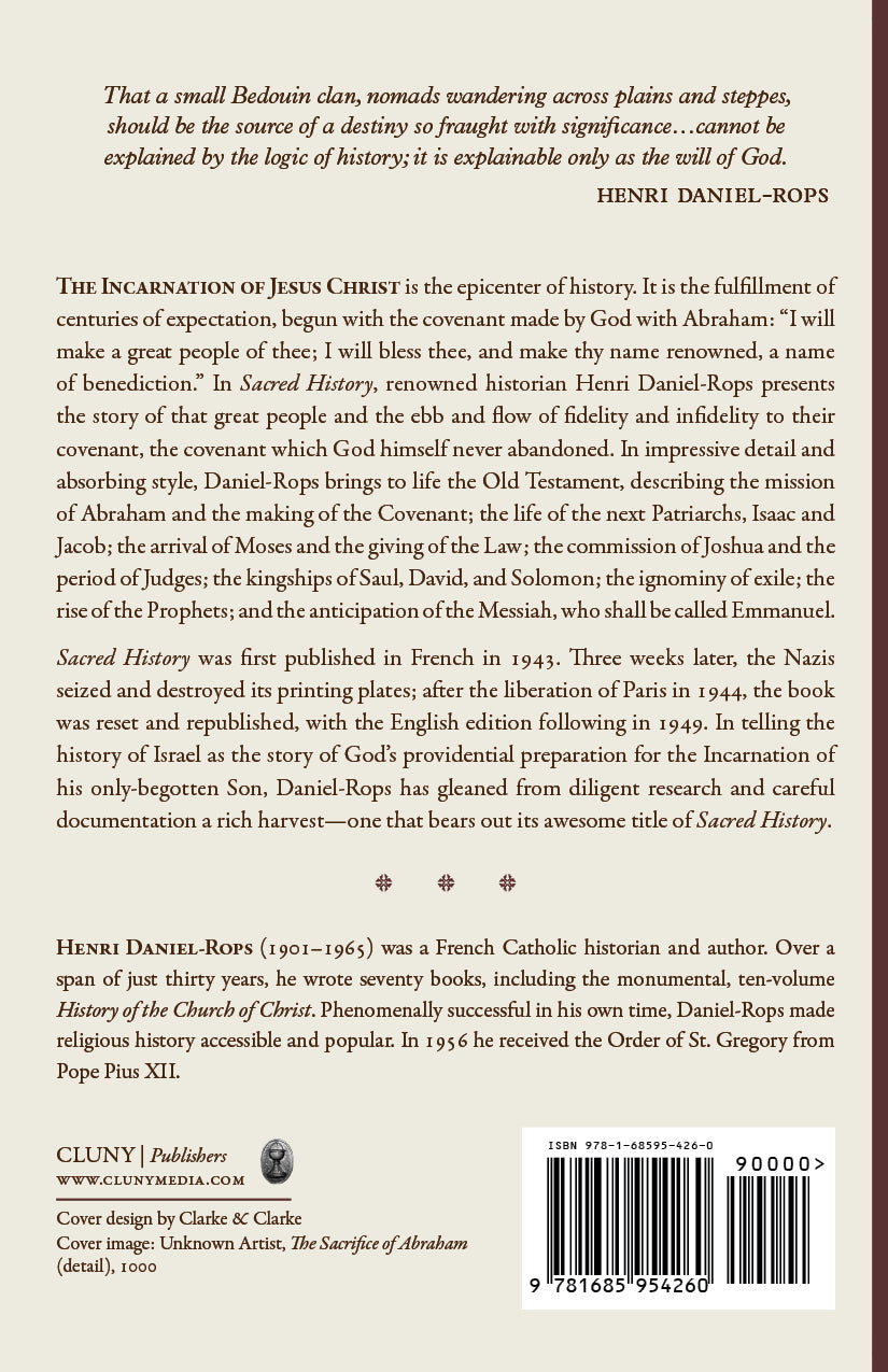 Sacred History book back cover with description text and barcode