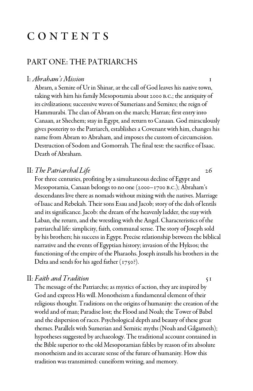Sacred History contents page with section headings and body text