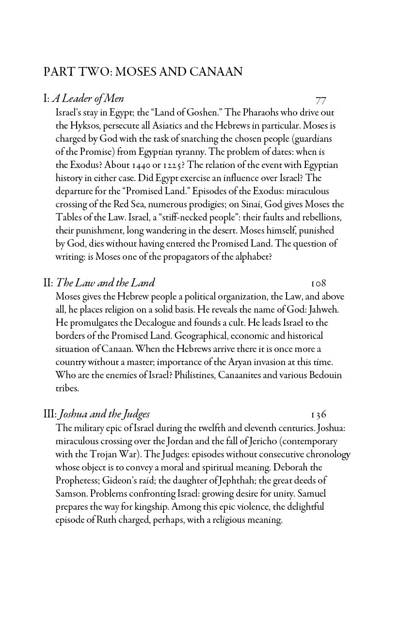 Sacred History contents page section with subheadings and paragraphs