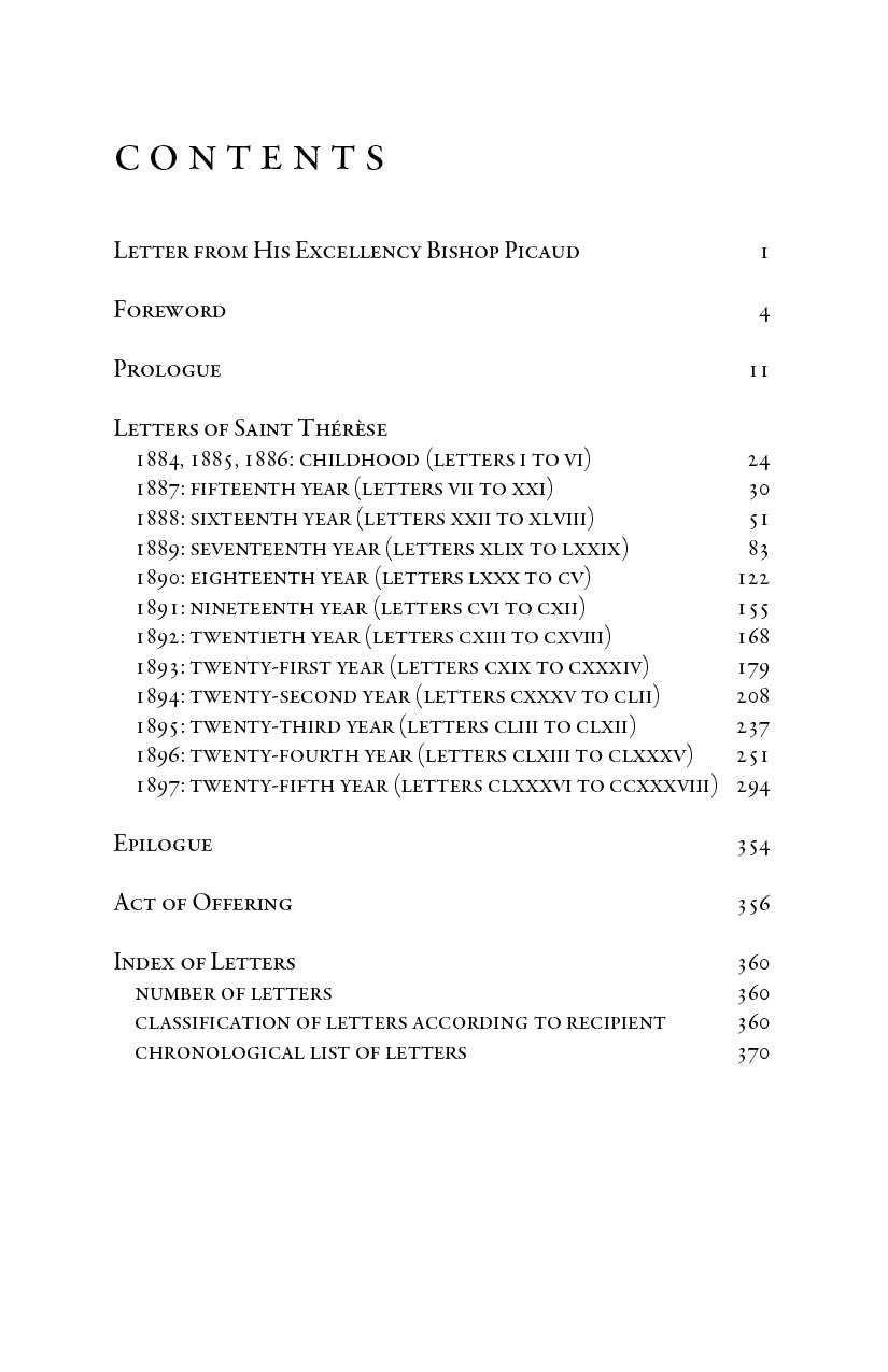 Table of contents page for Collected Letters of Saint Thérèse of Lisieux with listings