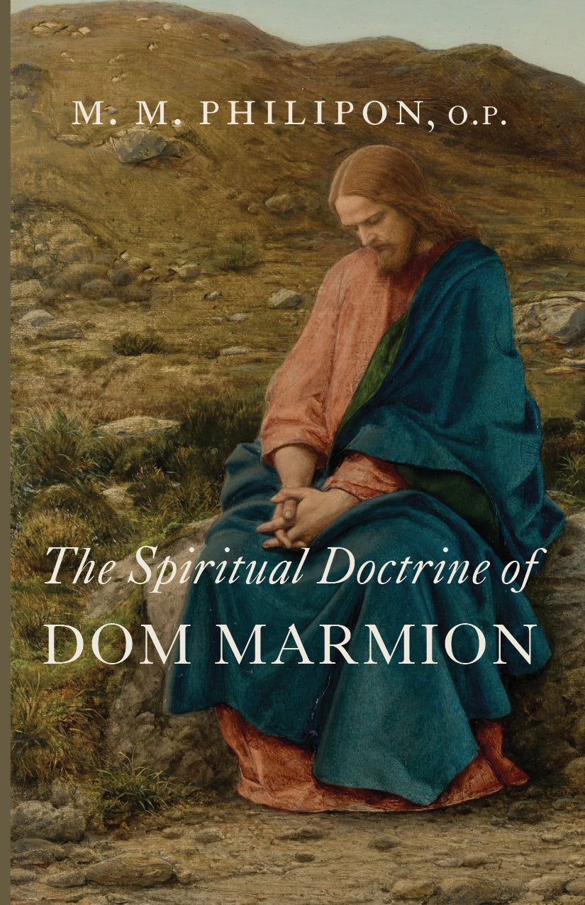 Book cover: The Spiritual Doctrine of Dom Marmion, blue and red draped figure kneeling