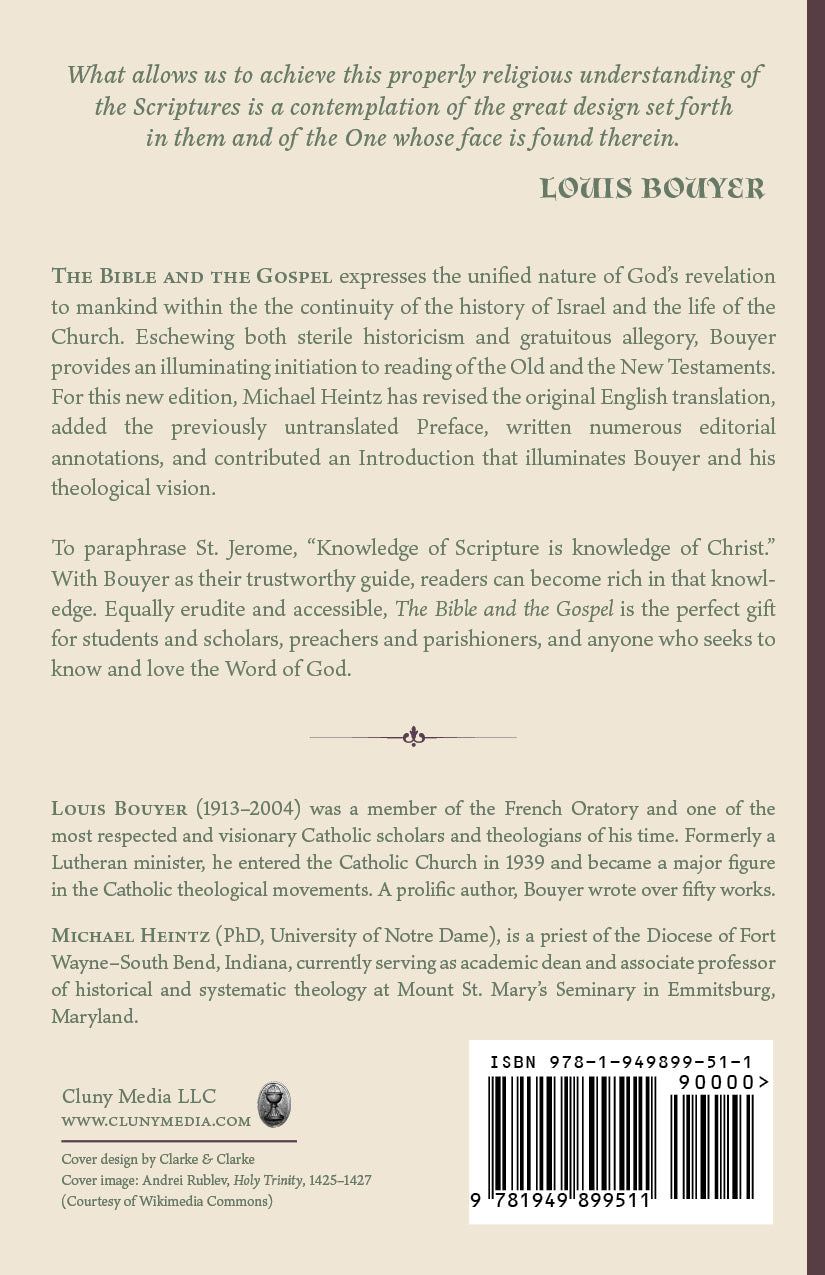 Religious studies book back cover with synopsis, Louis Bouyer, and ISBN barcode