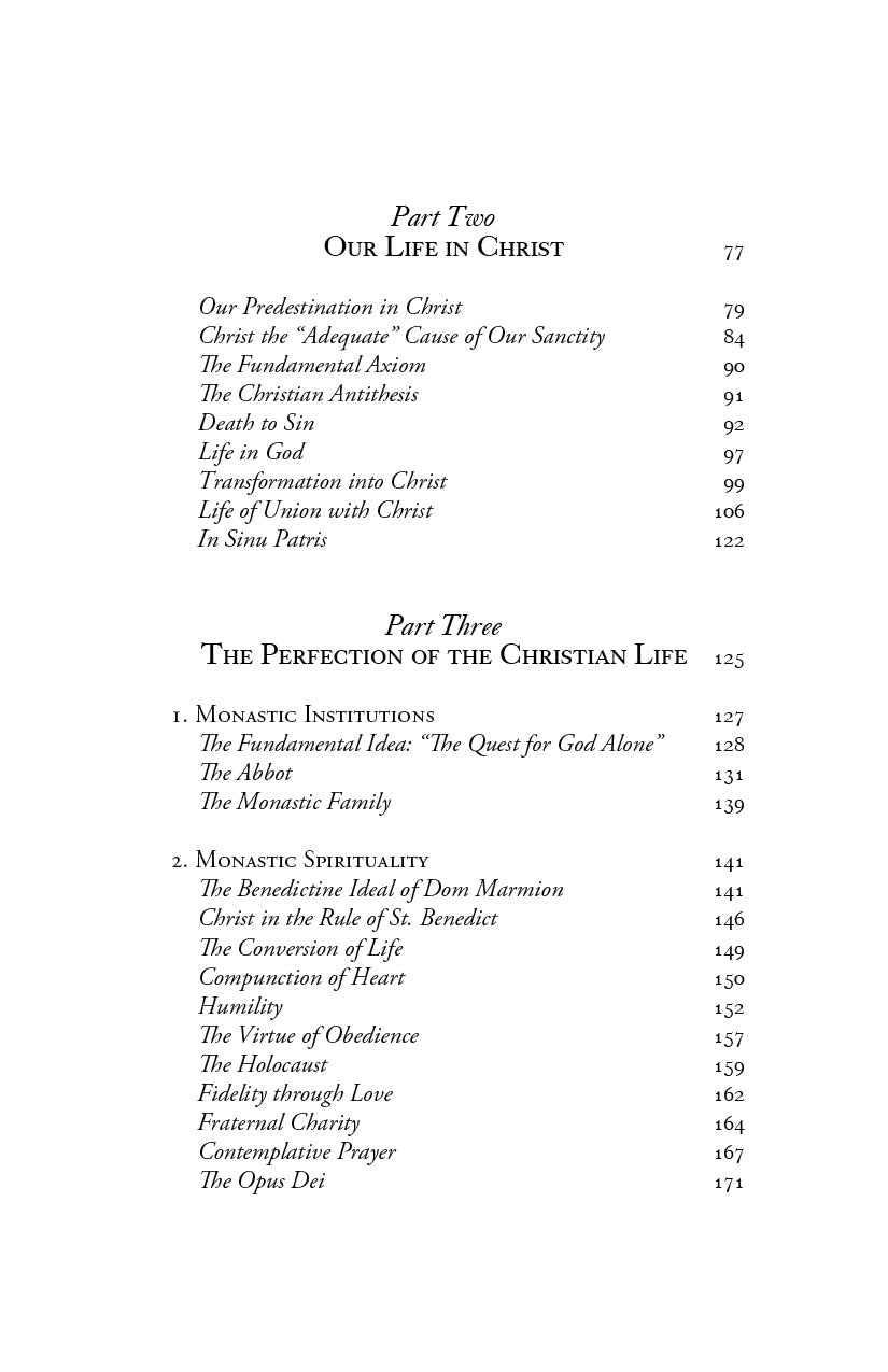 Contents page continuing parts, including Our Life in Christ and The Perfection of the Christian Life