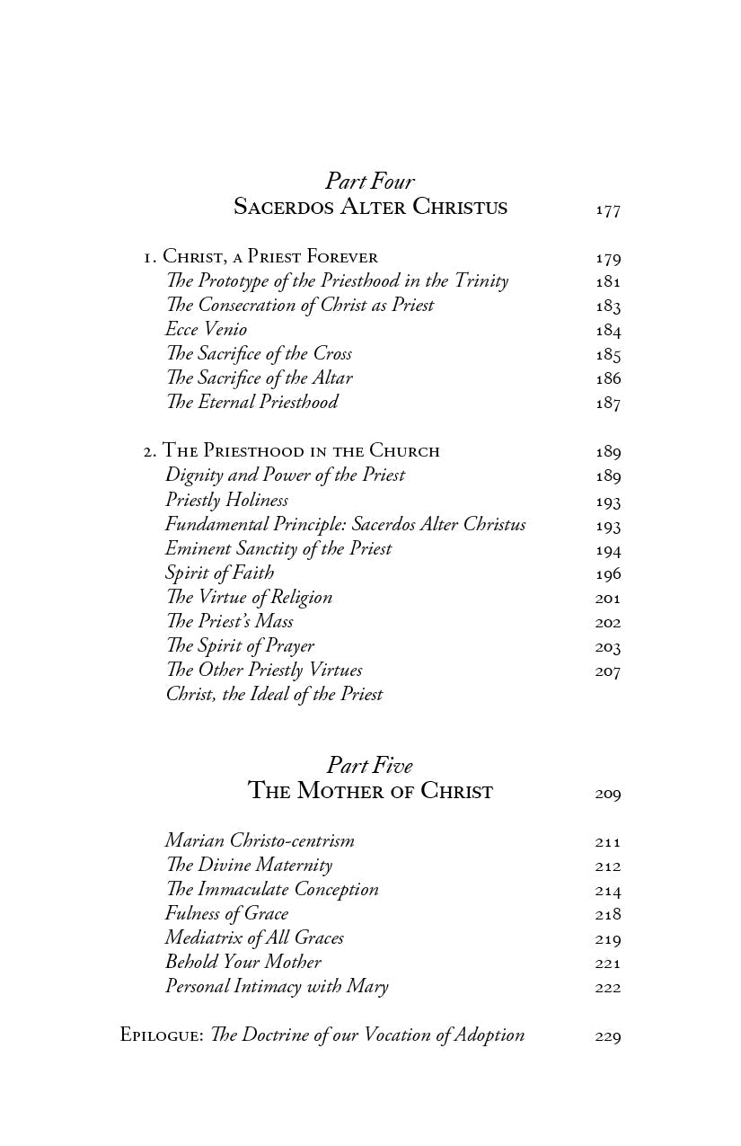 Contents page listing Part Five: The Mother of Christ and related chapters