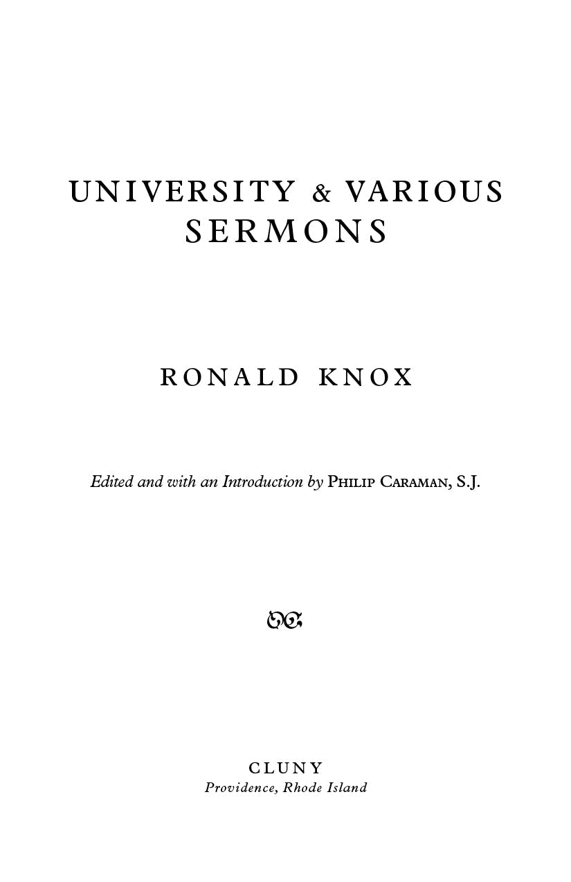 Sermons book title page with 'University & Various Sermons' and Ronald Knox.