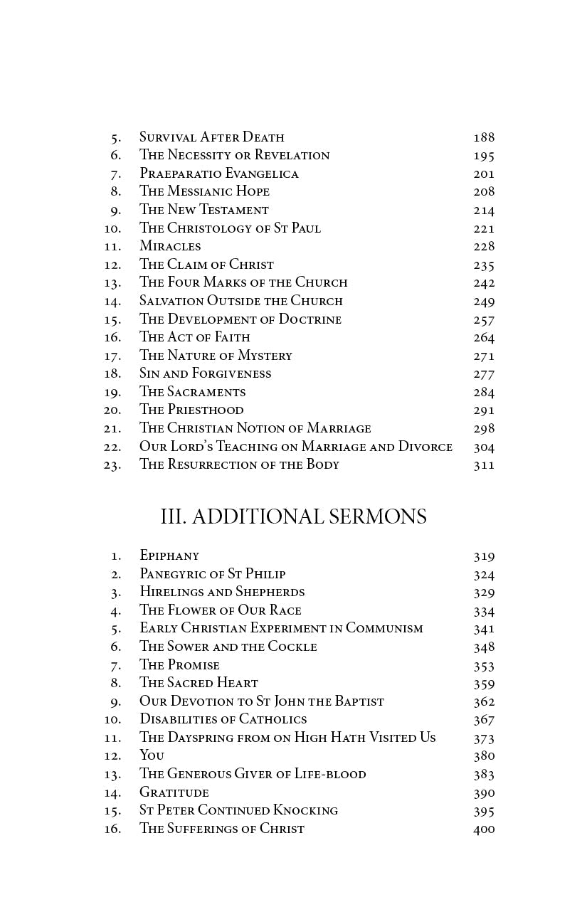 Sermons book contents page with section III chapter list and page numbers.