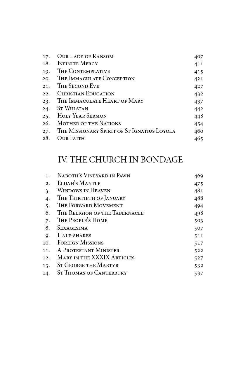 Sermons book contents page with section IV chapter list and page numbers.