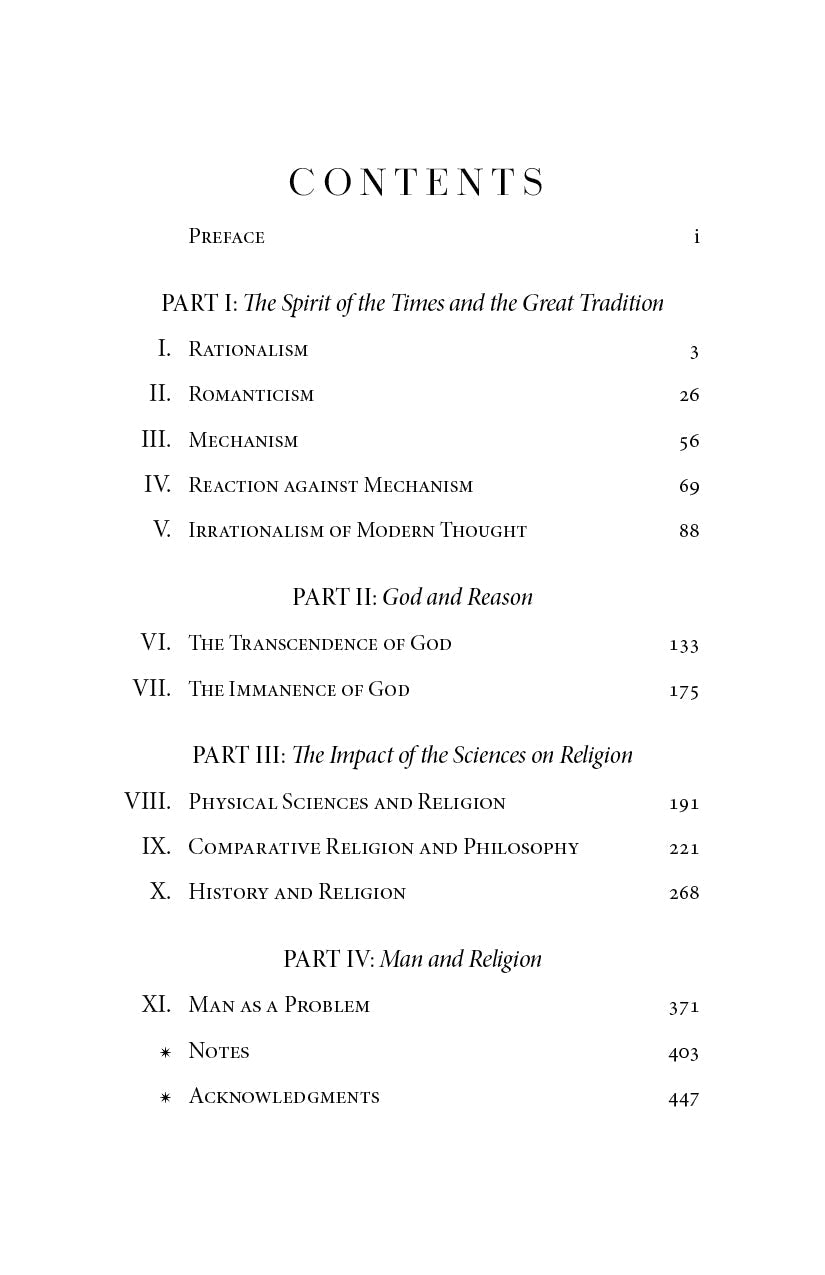 Religion philosophy book contents page with chapter list and parts