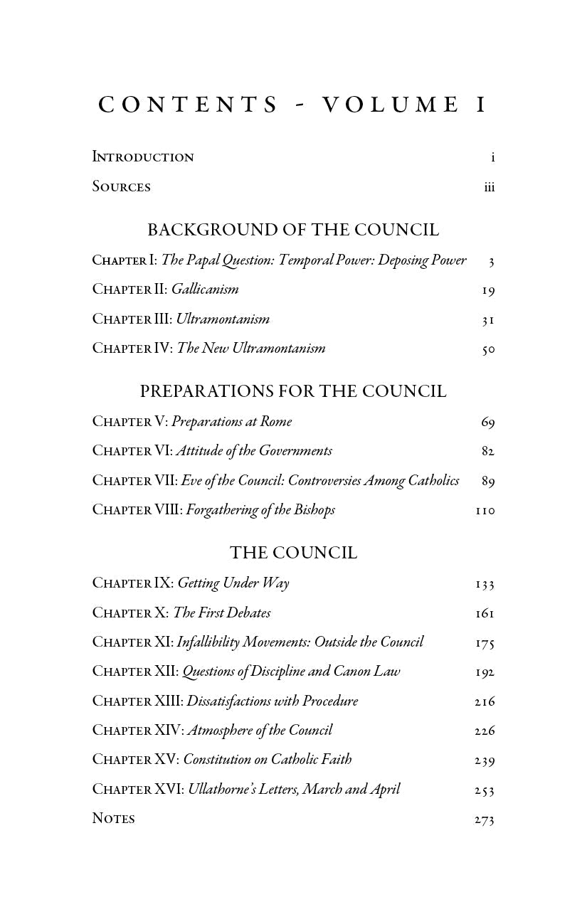 Book contents page listing chapters for Volume I