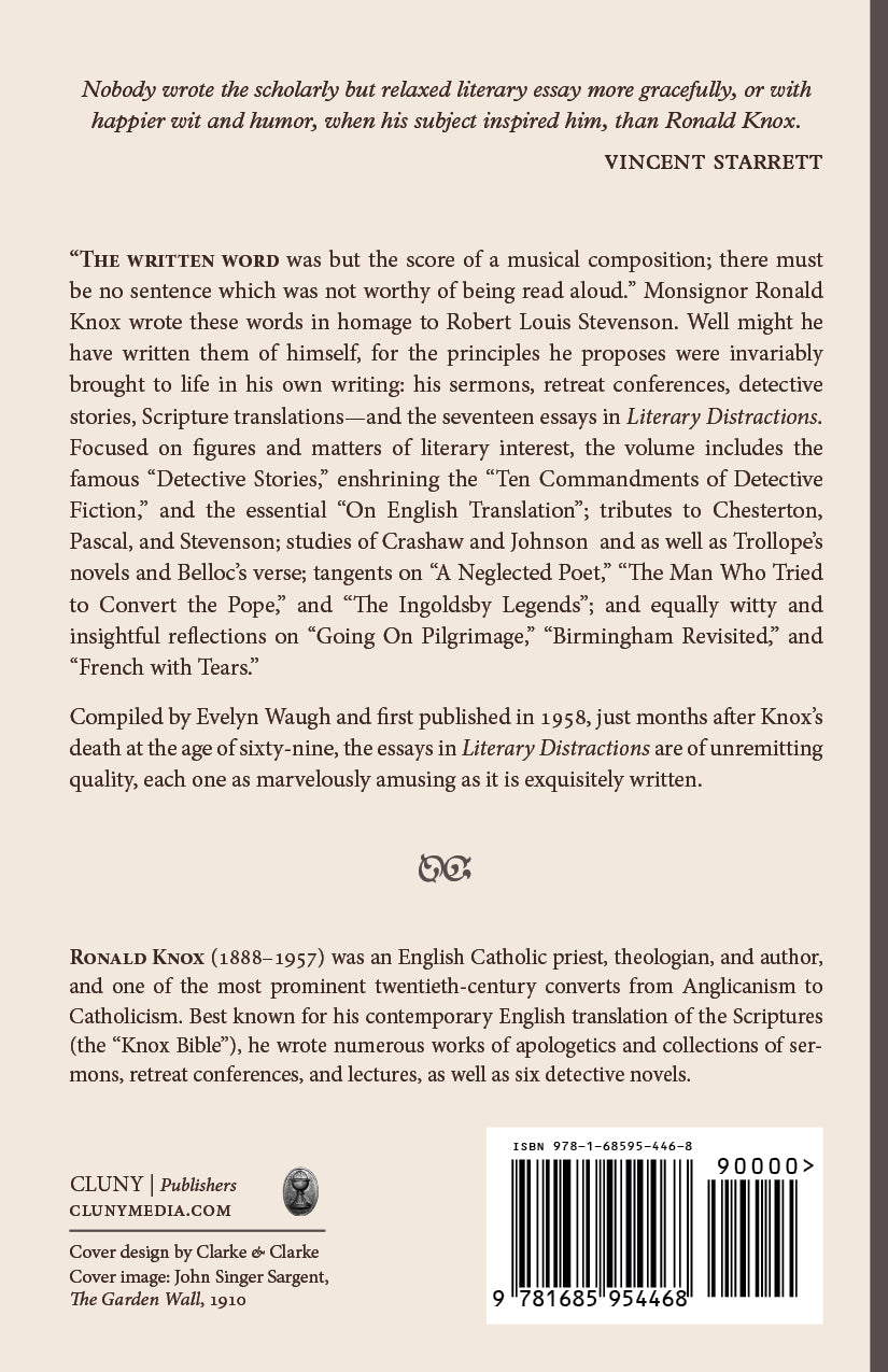 Literary Distractions back cover with text synopsis, barcode, and ISBN
