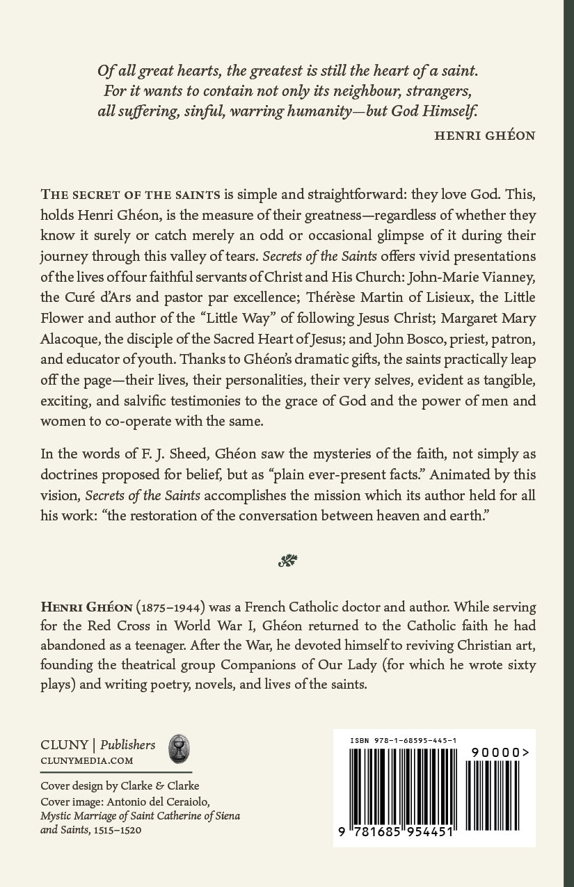 Secrets of the Saints back cover with printed description, author name, and barcode