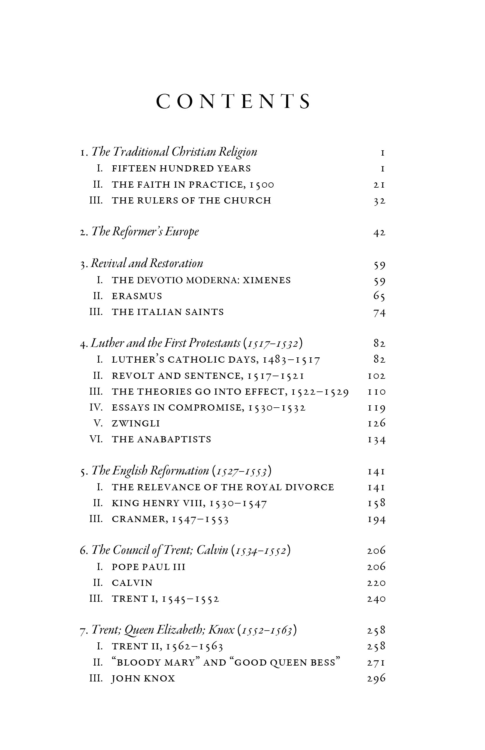 Book contents page with chapter list and page numbers for reformation history
