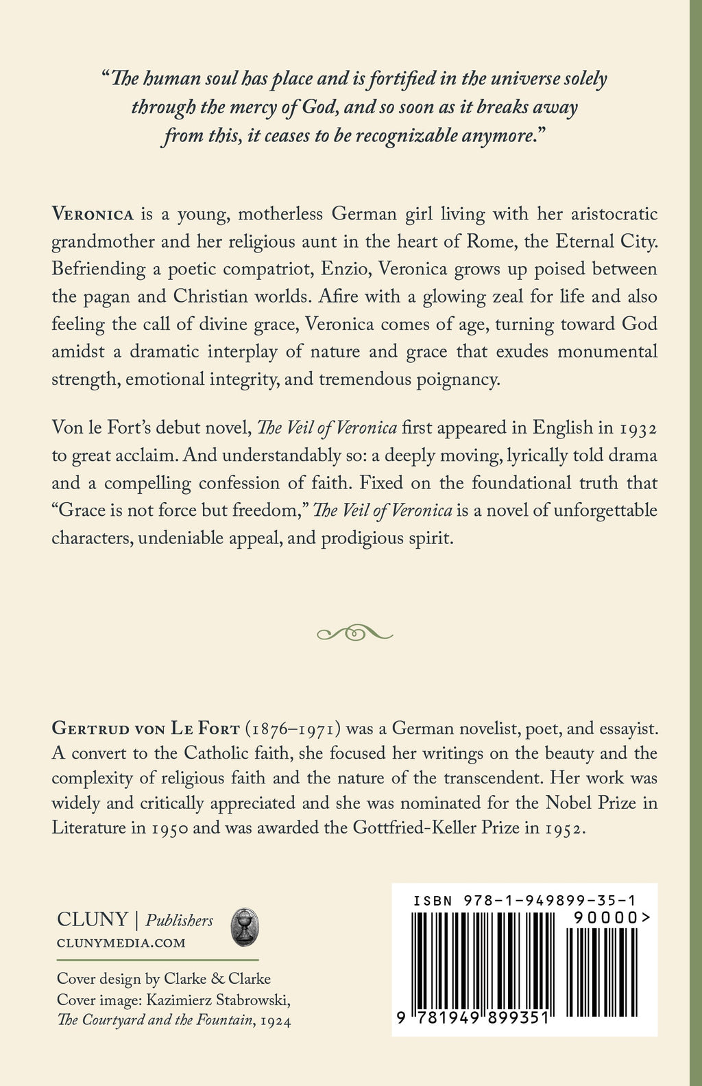 Book back cover with quote, biography text, publisher info, and barcode