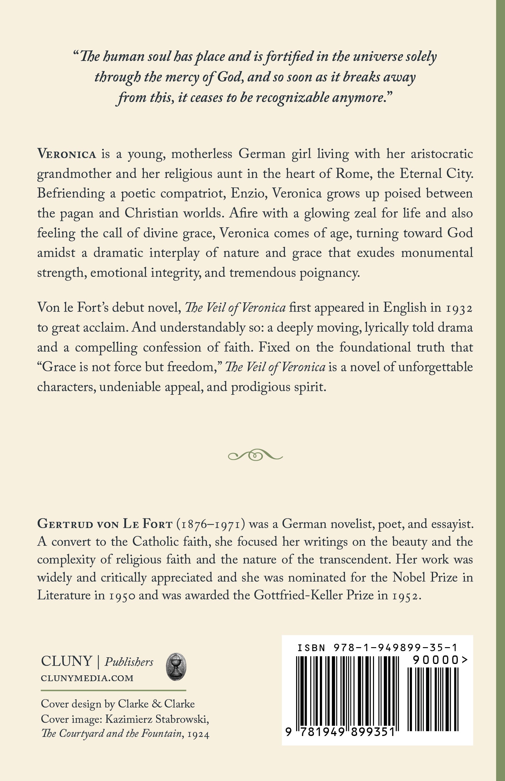 Book back cover with quote, biography text, publisher info, and barcode