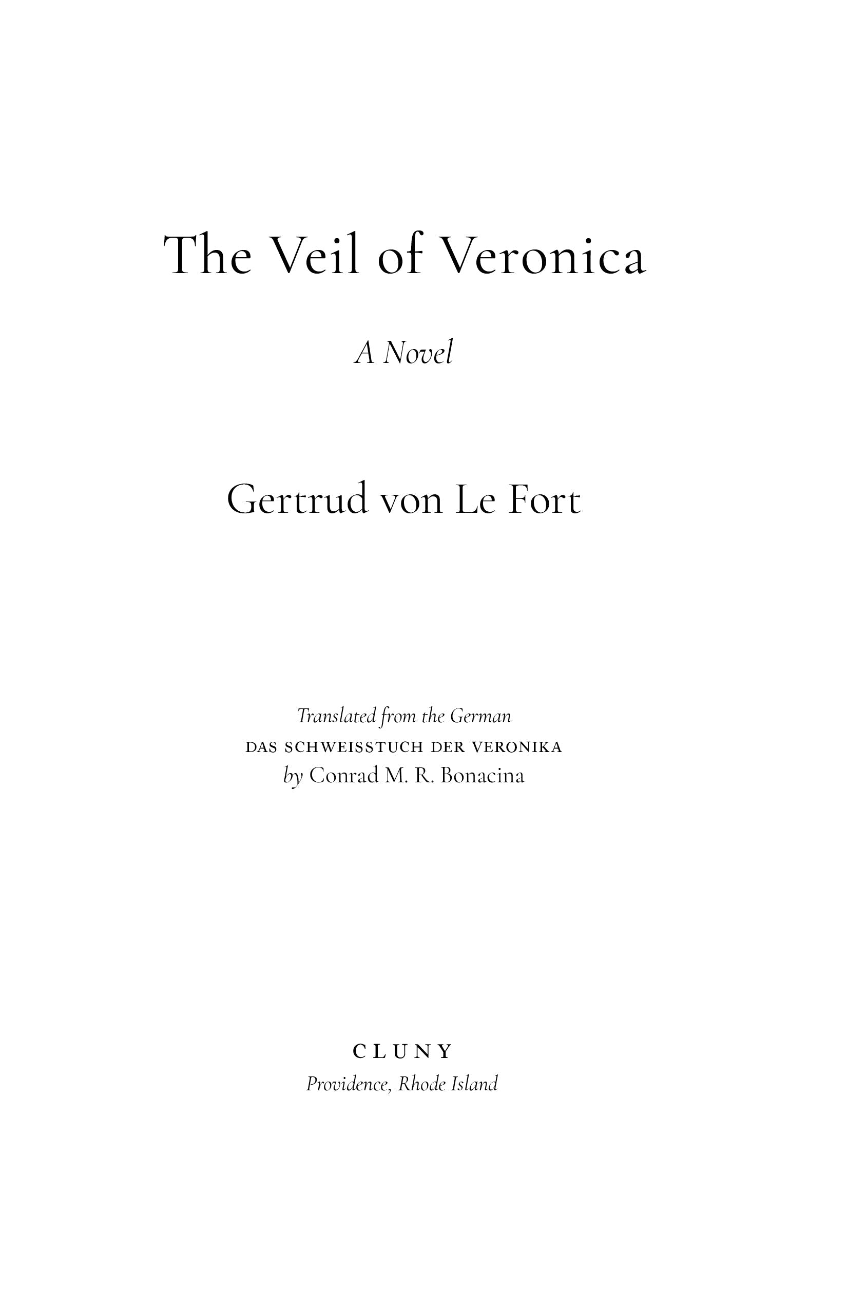 Book title page for The Veil of Veronica with author and publisher text