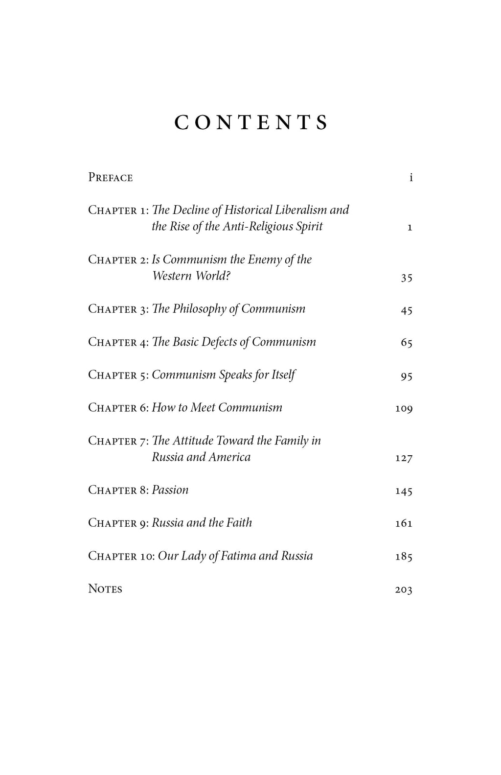 Book contents page listing chapters and page numbers