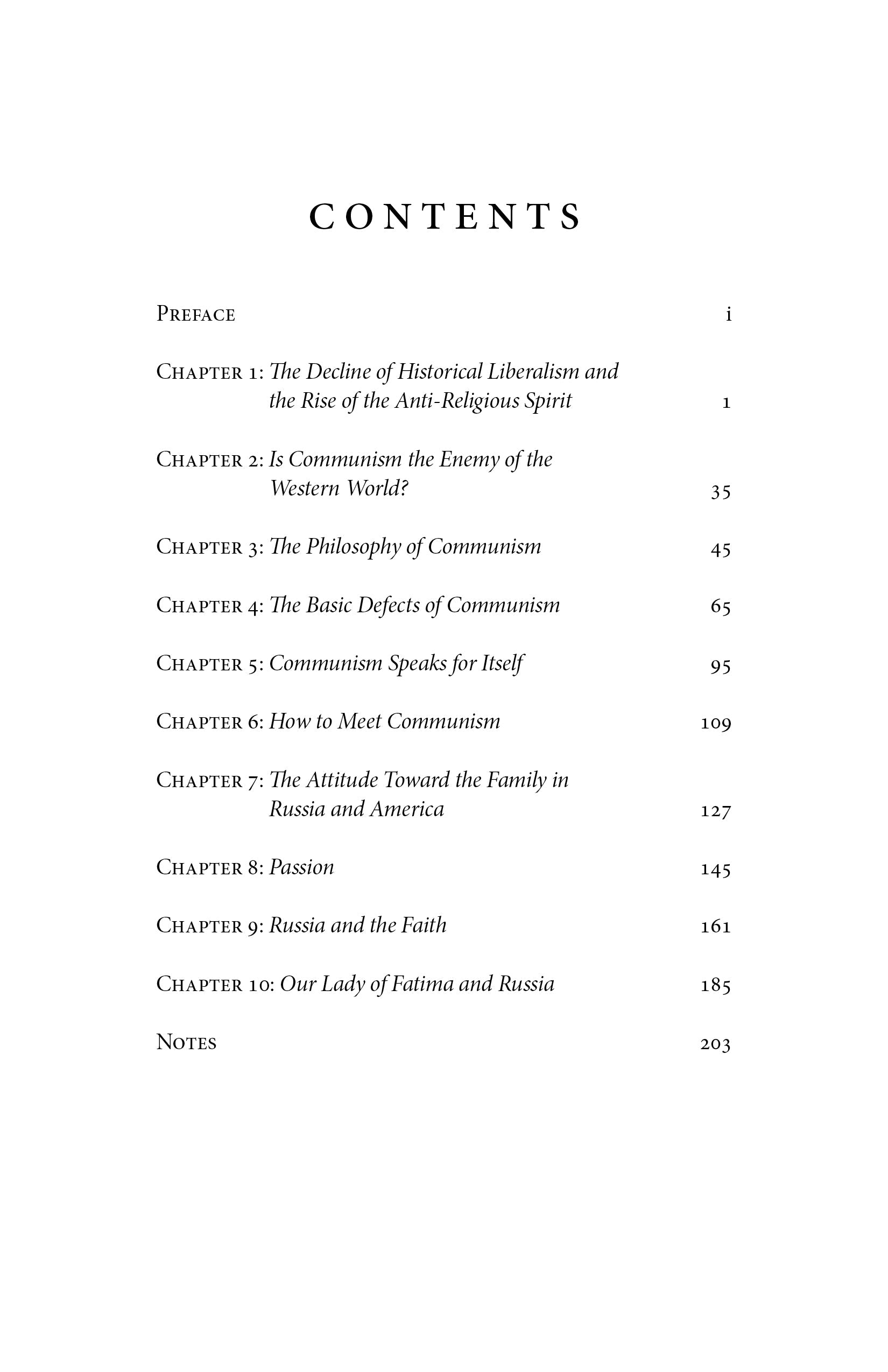 Book contents page listing chapters and page numbers